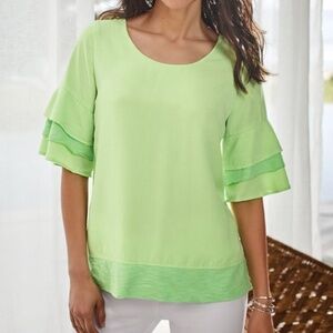 SOFT Surroundings Oakleigh Triple Tiered Sleeve Top Margarita Green Size Medium